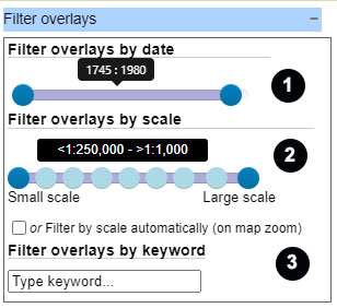 Filter overlays by date, scale or keyword