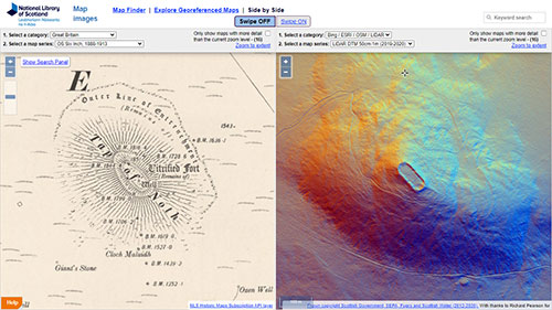 Comparing OS six-inch 1900s mapping (left) with LiDAR DTM (right) for Tapp o' Noth hill fort, near Huntly - desktop